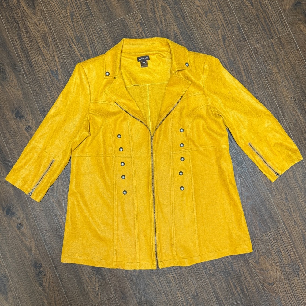 MUTIPLES FAUX SUADE MUSTARD TAN CARDIGAN JACKET BRASS HARDWARE